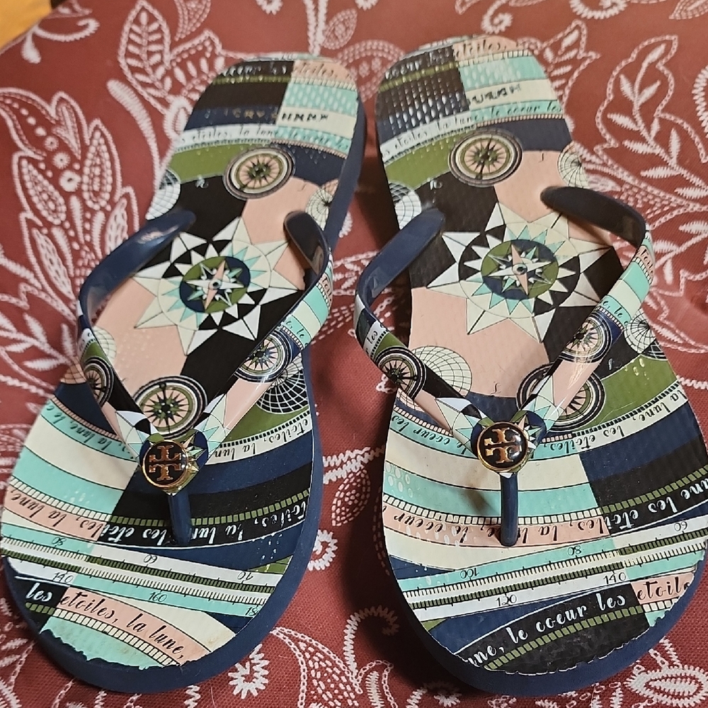 Great Condition Tory Burch Colorful Patterned Flip Flops Size 9